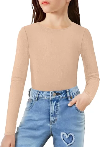 Vista 7 de Arshiner Camisas de punto acanalado de manga larga para niñas, suaves, ajustadas, cuello redondo, casual, capa base Blanco