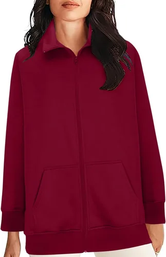 Vista 4 de Ceboyel Sudaderas con capucha y cremallera para mujer, a la moda, color sólido, sudadera holgada con cremallera, ropa de moda cómoda