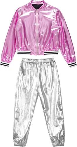 Vista 5 de TiaoBug Kids Boys Girls Jazz Hip Hop Dance Costumes Shiny Metallic Long Sleeves Bomber Jacket and Pants Set Dancewear