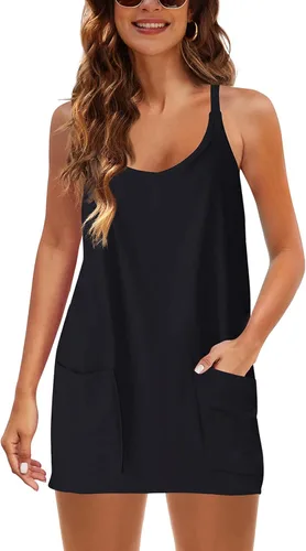 Vista 4 de Zhiyouni Minivestido de verano sin mangas para mujer, cuello en V, tirantes delgados, atlético, pantalones cortos integrados