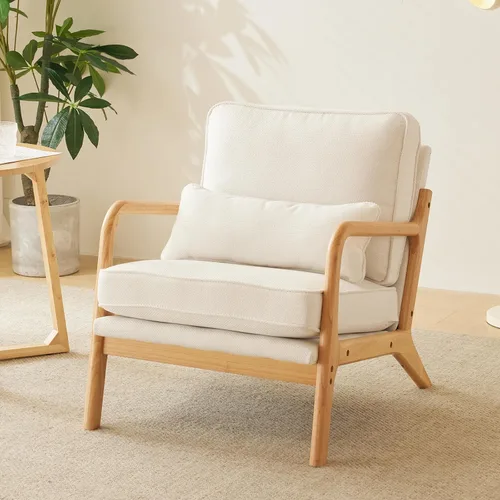 Vista 8 de Bonnlo - Silla de acento moderna de mediados de siglo con tela de lino beige, sillones de descanso con acolchado de madera maciza para sala