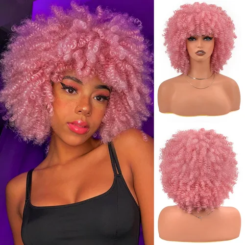 Vista 34 de Vitorish Peluca corta afro rizada con flequillo para mujeres negras, peluca sintética resistente al calor, color negro natural, para uso diario