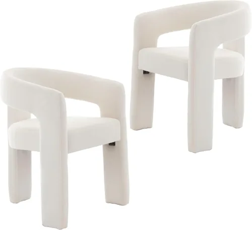 Vista 18 de Silla moderna de comedor en barril, silla de cocina acentuada tapizada en cuero sintético con brazos, silla lateral cómoda para sala de blanco