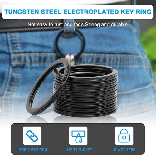 Vista 2 de Llavero negro dividido de 1.260 in, llavero plano, anillo dividido, anillo tórico negro para llaves de automóvil, para llave de casa (12 unidades)