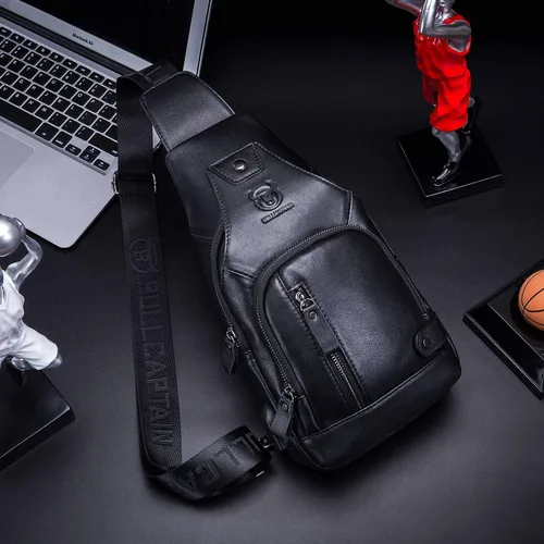 Vista 5 de BULLCAPTAIN Bolso bandolera de cuero para hombre, bolso cruzado de hombro casual, mochilas de viaje, senderismo, mochila con puerto de carga USB