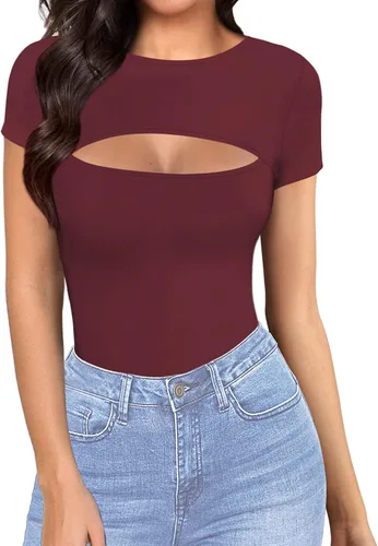 Vista 2 de MANGOPOP Womens Short Sleeve Bodysuit Front Cutout Sexy T-shirt Body Suits