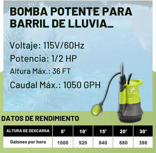 Vista 3 de FLUENTPOWER Bomba de Barril de Lluvia de 1/2HP, Bomba de Agua Sumergible de 1050GPH con Interruptor de Flotador y Cable de 26 pies, Drenaje de Agua