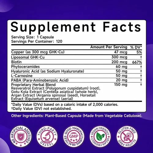 Vista 9 de GHK-Cu Suplemento de péptido de cobre para mujeres, 300mcg, 120 cápsulas