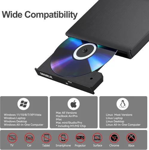 Vista 4 de ORIGBELIE Unidad externa de CD/DVD para portátil, grabadora de CD USB 3.0, unidad de DVD externa, reproductor de DVD portátil para computadora