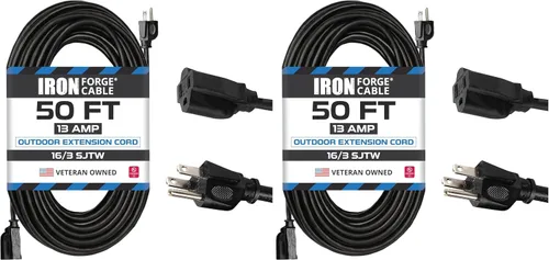 Vista 12 de Cable de extensión negro resistente calibre 16 de hierro forja, 3 pies - SJTW 16/3 SJTW Cable, 2 Pack, 3 Prong Grounded Plug, 13 Amp - For