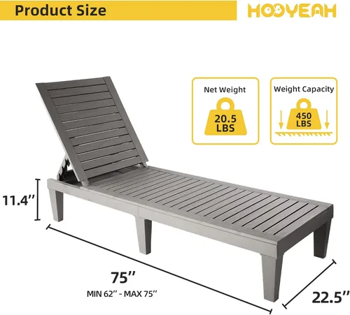 Vista 3 de HOOYEAH Tumbona para exteriores, 4 piezas, silla de piscina ajustable con respaldo de 5 posiciones, tumbonas impermeables, silla duradera para Gris