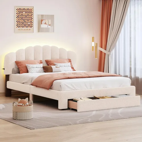 Vista 7 de DEINPPA Base de cama tapizada tamaño matrimonial con cabecera ajustable de flores elegantes, cama de plataforma de terciopelo con soporte