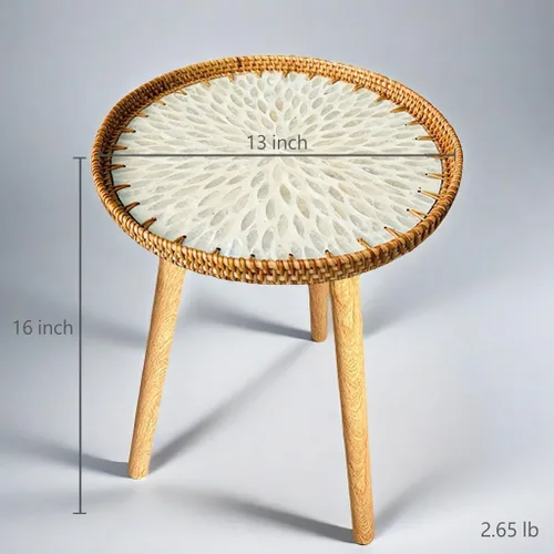 Vista 2 de Mesa auxiliar pequeña de ratán/mesa de centro redonda para espacios pequeños, mini mesa de centro moderna con bandeja de diseño de concha, mesas