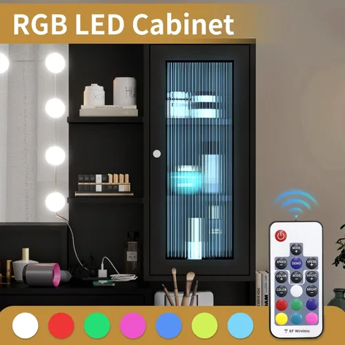 Vista 2 de Escritorio de maquillaje con espejo y luz, espejo de tocador con estación de carga para dormitorio, mesa de maquillaje con estantes