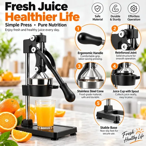 Vista 3 de Exprimidor de hierro fundido – Exprimidor manual de cítricos resistente, prensa profesional de naranja, exprimidor de limón de acero inoxidable