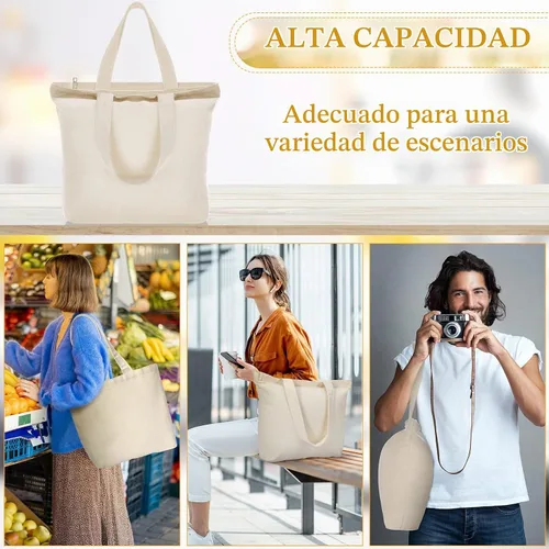 Vista 6 de Silkfly 20 Bolsas de Lona a Granel de 16.5x13.4'' Bolsas de Lona de Algodón en Blanco con Asas y Cremallera Reutilizables Lisas para Comestibles