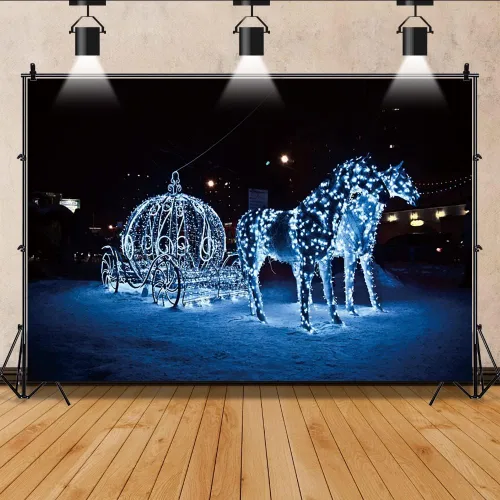 Vista 4 de Yeele Fondo de fotografía de carruaje de calabaza de 12 x 8 pies, luces de ensueño, caballos, noche de nieve, fondo fotográfico para princesa