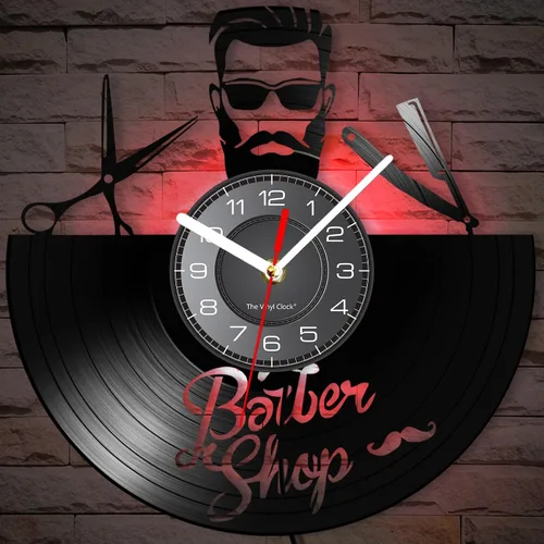 Vista 5 de Reloj de pared decorativo de 12 pulgadas con 7 modos luminosos, reloj de pared decorativo vintage para peluquería, disco de vinilo, reloj de pared