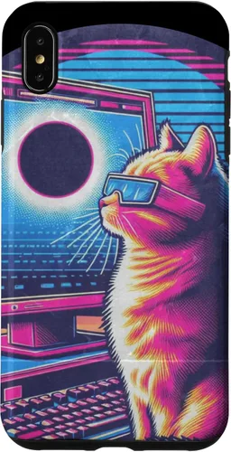 Vista 7 de iPhone 15 Cat Solar Eclipse - Synthwave Retro Poster Style Case