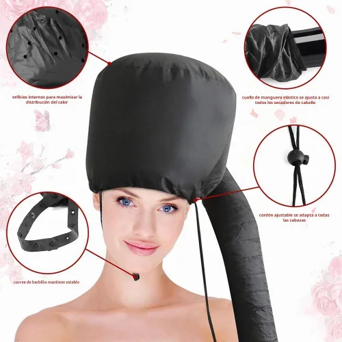 Vista 4 de Accesorio para secador de pelo con capucha: gorro de secador de pelo mejorado con correa de barbilla y manguera extendida más larga, más fácil