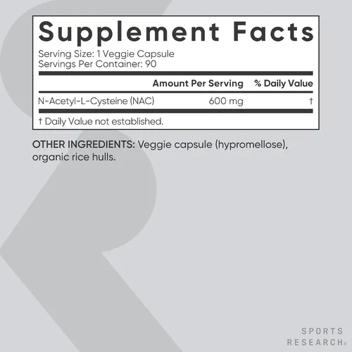 Vista 5 de Sports Research N-acetil L-cisteína (NAC) 600 mg, 90 cápsulas vegetarianas, veganas, sin OMG, sin gluten. Aroma de limón