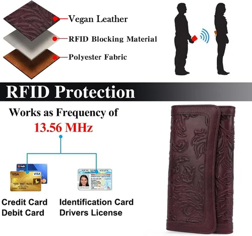 Vista 48 de MEITRUE Cartera de cuero para mujer, con bloqueo RFID, triple pliegue, con relieve, soporte para tarjetas, organizador de chequera para teléfono