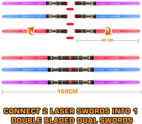 Vista 5 de Paquete de 6 sables de espada iluminados con sonidos FX (sensible al movimiento) y mango retráctil, 2 en 1, doble sable de 3 colores, espada