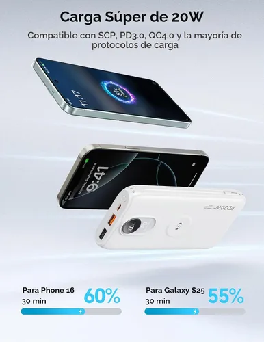 Vista 3 de Portable Charger 10000mAh 20W, Wall Plug, 2 Cables, iWatch Charging
