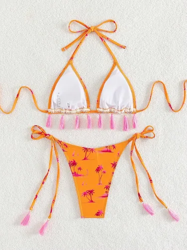 Vista 2 de SHENHE Traje de baño de 2 piezas para mujer, estampado tropical, borla, triángulo, bikini con lazo lateral, tanga