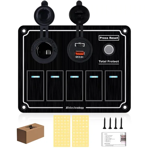 Vista 28 de Panel de interruptores basculantes para lanchas marinas, panel de interruptor de palanca impermeable de 8 bandas con doble USB y panel voltímetro