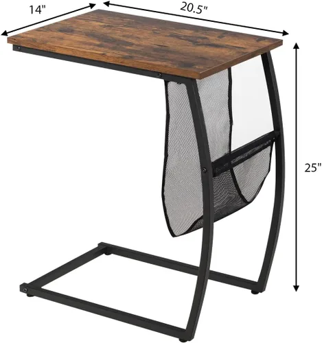 Vista 2 de Tangkula Mesa auxiliar para sofá, mesa C con bolsillo lateral y marco de metal, mesa auxiliar industrial para sofá, cama, sala de estar, dormitorio