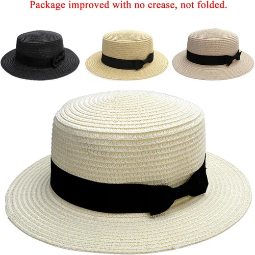 Vista 3 de Ayliss Sombrero de paja con lazo para mujer, sombrero de verano para el sol