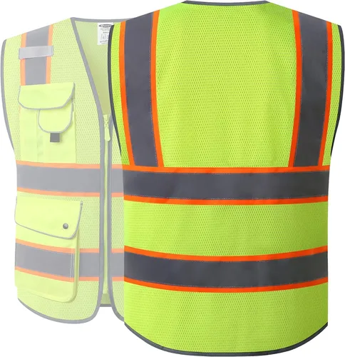 Vista 5 de JKSafety Chaleco de seguridad de malla frontal con cremallera de color amarillo neón de alta visibilidad con borde extendido naranja fluorescente