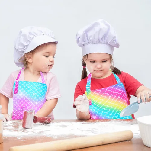 Vista 5 de PASHOP Paquete de 2 delantales para niños, delantales de sirena con bolsillos para niños y niñas, para cocinar, hornear, pintar