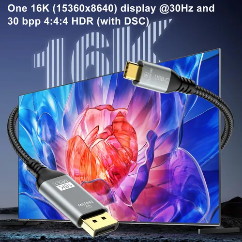 Vista 2 de Cable Angusplay USB C a DisplayPort 2.1, cable Thunderbolt 4/3 a Display Port, cables USB C a dp de 40Gbps compatible con 16k@30Hz, soporte 8K@120Hz