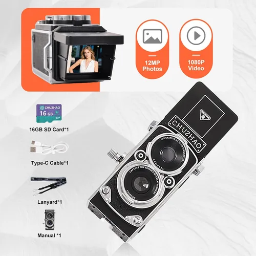 Vista 8 de Redcomets Mini cámara digital retro – Estilo vintage TLR apuntar y disparar cámara de vlogging de enfoque automático, compacta y portátil, tarjeta