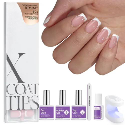 Vista 9 de BTArtboxnails XCOATTIPS - Uñas postizas a presión con punta francesa blanca 01-Kit de squoval extra corto con base rosada