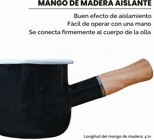 Vista 4 de Mini Olla de Leche Esmaltada de 0.6 Cuartos con Mango de Madera Aislado, 2 Picos Vertedores, Calentador de Alimentos Pequeño, Cacerola Bonita