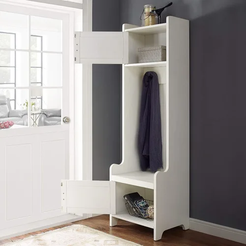 Vista 8 de Crosley Furniture Fremont - Árbol de pasillo con armarios de almacenamiento y ganchos para colgar percheros, color blanco envejecido