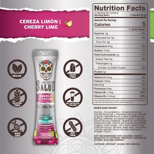 Vista 3 de Salud 2-en-1 Polvo para Bebida Energética + Enfoque, Sabor Cereza Lima, Cafeína Orgánica, B6 + B12, Teanina, Paquetes de Bebida Energética Limpia