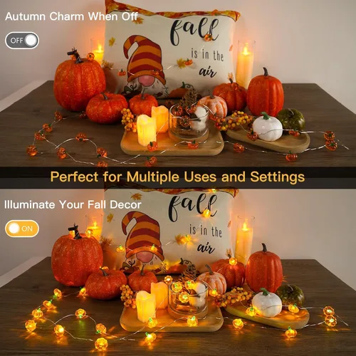 Vista 7 de suddus Luces de calabaza 3D, 40 luces LED de otoño de 12.8 pies, funcionan con pilas con control remoto y 8 modos y temporizador, decoraciones
