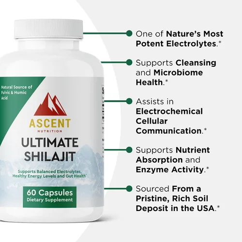 Vista 3 de Ascent Nutrition Ultimate Shilajit Fuente natural de ácido fúlvico y húmico Apoya electrolitos equilibrados, niveles de energía saludables