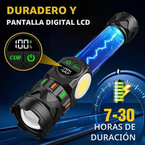 Vista 6 de Linternas recargables de alto lúmenes 5000 de larga distancia, luces LED superbrillantes con luz lateral COB pantalla LCD USB C, fuente de luz dual
