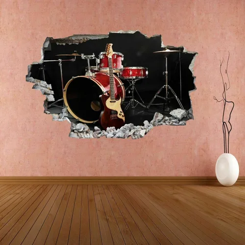 Vista 5 de Calcomanías de pared de guitarra, arte de tambores aplastados 3D, calcomanías de pared extraíbles, mural de pared musical, dormitorio, vinilo