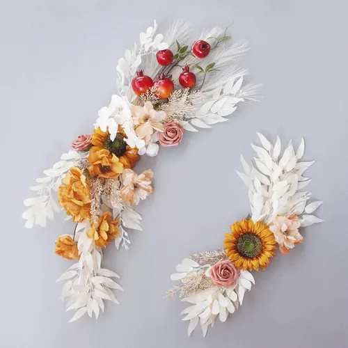 Vista 8 de 2 piezas de flores de arco de boda con girasoles artificiales con granada y hierba de las pampas, guirnaldas florales decorativas Champán