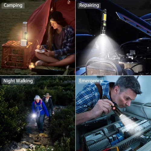 Vista 6 de Linterna táctica recargable, (sin batería), linternas magnéticas USB con luz de flash COB, 4 modelos, zoomable, impermeable, Vnina LED linterna