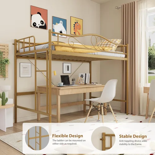 Vista 6 de Cama tipo loft individual con escalera ajustable y barandilla de seguridad completa, cama tipo loft, marco de metal resistente de 400 libras