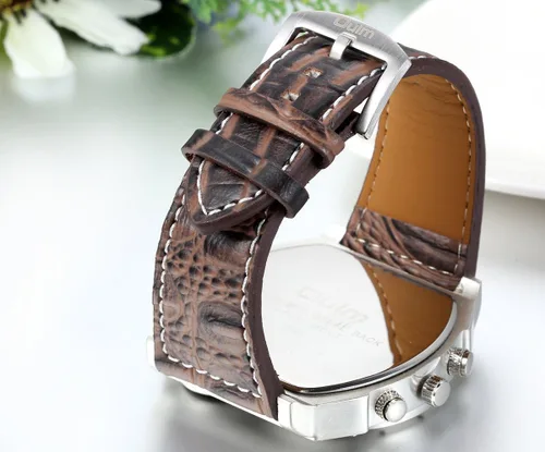 Vista 2 de JewelryWe Reloj militar para hombre, 2 zonas horarias, reloj de cuarzo grande, reloj de pulsera de cuero para hombre, reloj deportivo casual