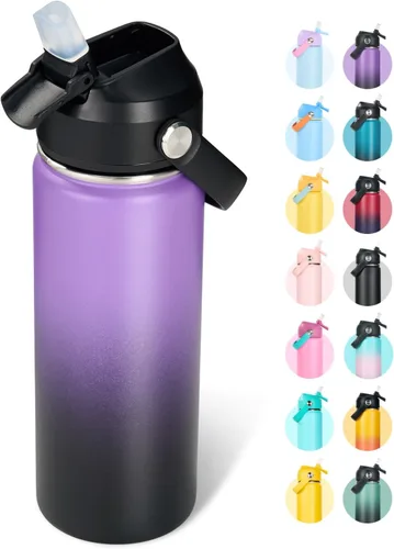 Vista 19 de Fijinhom Botella de agua aislada de acero inoxidable de 18 oz, de boca ancha, de doble pared, con vacío, con pajita de silicona, a prueba de sudor