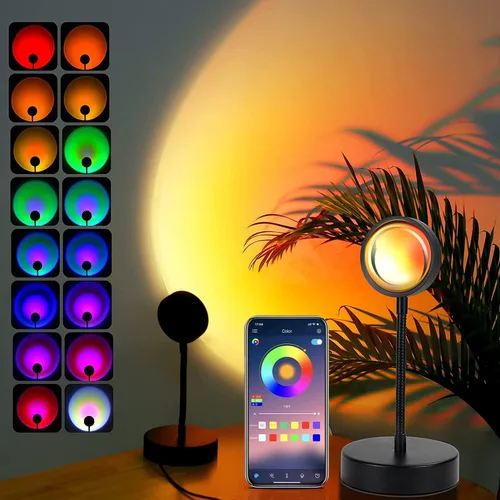 Vista 5 de JIMEI Lámpara de puesta de sol, proyector de luces LED para dormitorio, luz nocturna, luces RGB, luz solar, lámpara de amanecer, 10 W, rotación